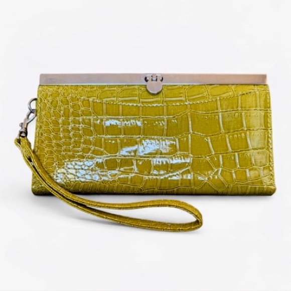 Undefined Handbags - FAUX CROC Chartreuse Clutch Wallet w/ Wristlet Strap Multi-Compartments w/ Zip